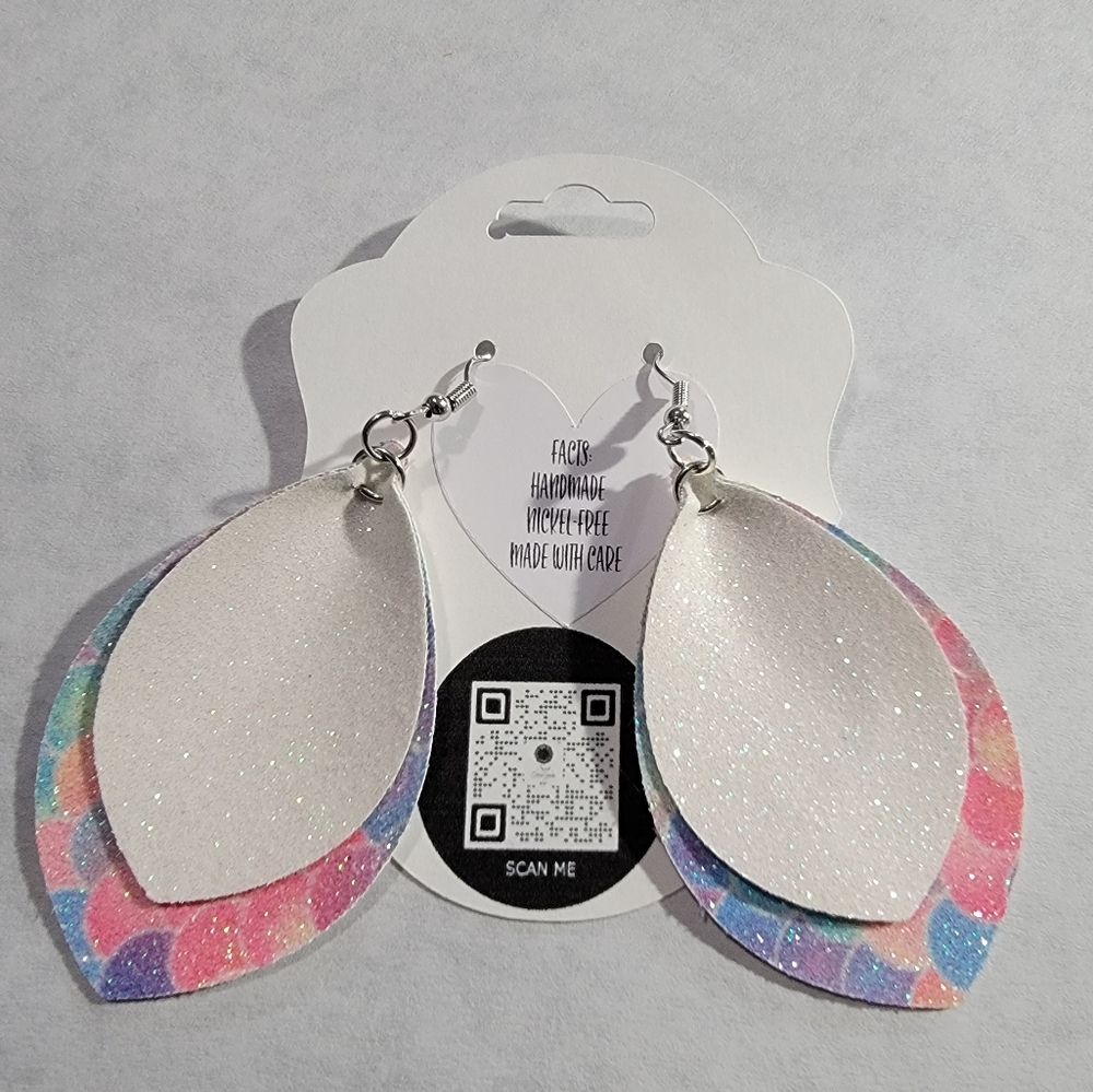 Mermaid Glitter, White Glitter 2-Layered Faux Leather Earrings 2.5"